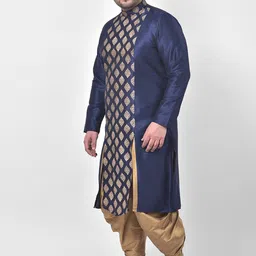 DEYANN PLUS Men Navy Blue & Gold-Toned Embroidered Kurta with Dhoti Pants image 4