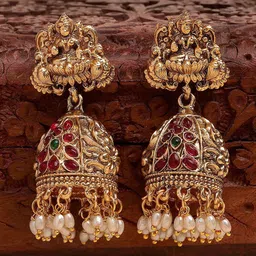 KARATCART Gold-Plated Dome Shaped Artificial Stones Studded Laxmi Mata Jhumkas-54