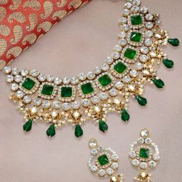 OOMPH Green Stone & Kundan Heavy Ethnic Necklace Set with Drop Earrings-image-39