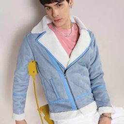 Campus Sutra Blue & White Regular Fit Biker Jacket-image-73