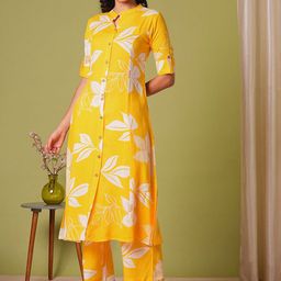 DIVASTRI Floral Printed Mandarin Collar Panelled Straight Kurta With Trouser-19