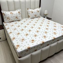 Pure Decor White & Mustard Floral 400 TC King Bedsheet with 2 Pillow Covers-image-59