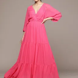 Label Ritu Kumar Batwing Sleeves Georgette Tiered Maxi Wrap Dress-image-85