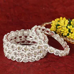 ZULKA Set Of 4 Silver-Plated Kundan Stone-Studded Bangles-picture-22