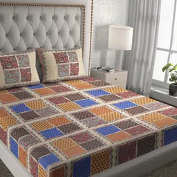 Aura Maroon & Blue Geometric Pure Cotton 120 TC Queen Bedsheet Set  2.35 x 2.15 Mts-image-56