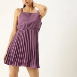 U&F Women Purple Solid Accordion Pleated Shoulder Strap Fit and Flare Dress image 2