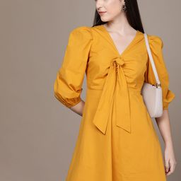 French Connection V-Neck Puff Sleeves Pure Cotton A-Line Dress-image-23