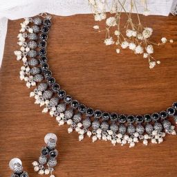 Teejh Pihu Black Stone Choker Necklace & Earrings Set-image-48