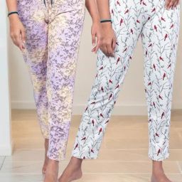 Kryptic Off White & Purple Cotton Relaxed Fit Printed Lounge Pants - Pack of 2-image-105