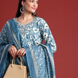 Anouk Floral Printed Mirror Work Pure Cotton Kurta With Trousers & Dupatta-3