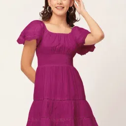 Moomaya Magenta Cotton Fit & Flare Dress-image-69