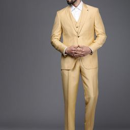 Louis Philippe Men Beige Self Design Single-Breasted Slim-Fit 3-Piece Ethnic Suit-image-89