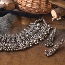 Teejh Anay Antique Silver Polish Choker Necklace & Earrings Set-image-6