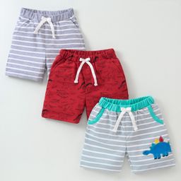 Kookie Kids Cotton Knit Shorts Stripes & Dino Print Pack of 3  - Multicolour-image-36