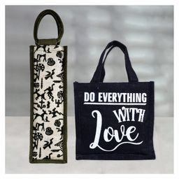 Kuber Industries Lunch Bag & Bottle Bag Combo Set  Lunch & Bottle Organizer Set  Lunch & Bottle Storage Set  Jute Carry Bags  Office Lunch Bag Set  Set of 2  Multi-1