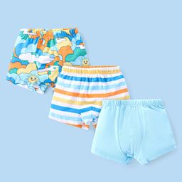 Babyhug 100% Cotton Trunks Solid Striped & Clouds Print Pack of 3 - Blue-image-72