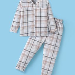 Doreme Cotton Knit Full Sleeves Checkered Night Suit - Cream-image-93