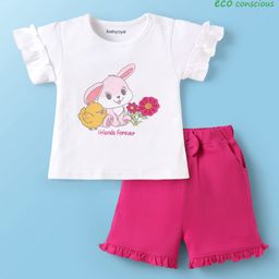 Babyoye Eco Conscious Interlock Knit Half Frill Sleeves T-Shirt & Shorts Set with Bunny Print & Bow Applique - Pink & White-17