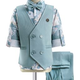 Rikidoos Full Sleeves Abstract Printed Shirt With Textured Waistcoat Pant & Bow Set - Multi Colour & Sea Green-image-56