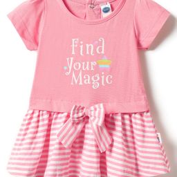 Teddy Sinker Knit Half Sleeves Frock With Text Print & Bow Applique - Pink-image-1