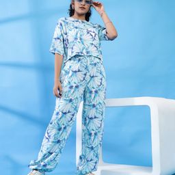 TeenTrums Rayon Half Sleeves Sea Shells Printed Top With Coordinating Joggers Set - White & Blue-image-14