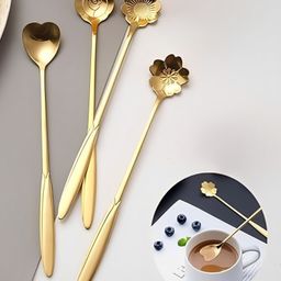 SYGA 4-Piece Premium Golden Dessert Spoon Set Long Handle Heart and Flower Shaped Coffee, Tea, and Ice Cream Spoon Set-4