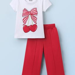 Honeyhap Premium Cotton Jersey Knit Half Sleeves Top & Trouser Set With Bow & Cherry Print - Bright White & High Risk Red-image-7