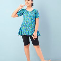 Aarika Half Sleeves Abstract Printed Frock Style Swimsuit - Green & Black-picture-34