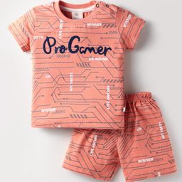 Mini Donuts Cotton Knit Half Sleeves Shorts Nigth Suit with Pro Gamer Text Print - Coral-image-29