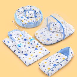 Zoe Baby Bedding Set Combo 4-in-1 Sleeping Bag, Mattress with Mosquito Net Nest Set | Solar Print Blue | Cotton | For 0-6 Months | Washable & Skin-Friendly-picture-13