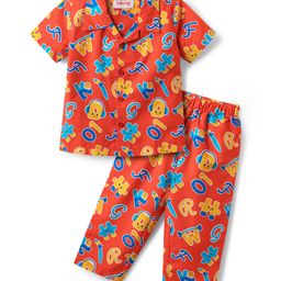Babyhug Cotton Woven Half Sleeves Alphabet Printed Co-ords Night Suit - Red-image-117