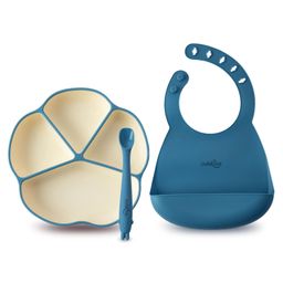 CUBKINS Set of 3 pcs - Bowl, Bib, Early Feeding Bendable Spoon | Designed for Babies, Infants & Toddlers | BPA Free, Food Grade, FDA Approved | 100% Silicone | Easy to Clean (Blue Olive)-22