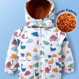 Babyoye Woven Full Sleeves Hooded Padded Jacket With Dino Print - White-image-74