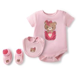 Doodle Poodle 100% Cotton Knit Half Sleeves Onesie With Bib & Booties with Teddy Print - Baby Pink-image-10