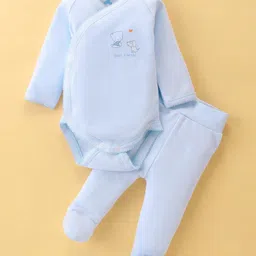 I Bears Interlock Knit Full Sleeves Onesie with Bootie Leggings With Teddy Print - Light Blue-picture-43