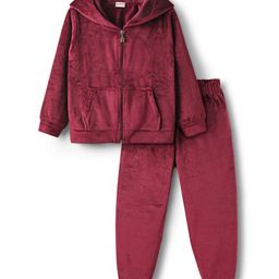 Babyhug Velour Woven Full Sleeves Shimmered Hooded Sweatshirt & Jogger Set with Kangaroo Pocket - Maroon-image-60