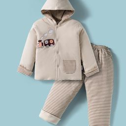 Child World Cotton Knit Full Sleeves Hooded Winter Wear Suit with Stripes & Vehicle Print - Light Grey-picture-48