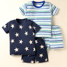 Kidi Wav Pack Of 2 Half Sleeves Striped & Stars Printed Tees & Coordinating Shorts Set - Multi Colour-image-44