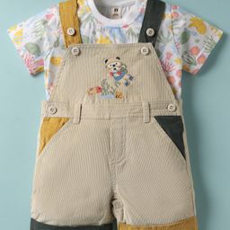 ToffyHouse Corduroy Woven Half Sleeves T-Shirt & Dungaree with Bear Embroidery and Sea Life Print - Orange & Beige-picture-9