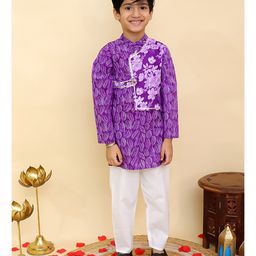 AJ Dezines Cotton Woven Full Sleeves Floral Printed Kurta Pyjama Set - Purple-image-11