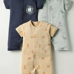 I Bears Interlock Knit Half Sleeves Romper With Animal Print Pack Of 3 - Navy Blue Tan & Grey-picture-24