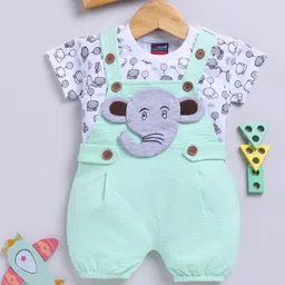 Jb Club Cotton Knit Baby Elephant Face Applique Detailed Dungaree With Half Sleeves Tee Set - Green-picture-14