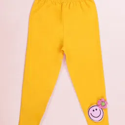 Kiddopanti Cotton Spandex Knit Sequins Embellished Smiley Face Applique Detailed Leggings - Yellow & Pink-picture-36