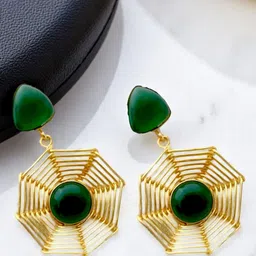 TISHUL JEWELS Gold-Plated Artificial Stones Studded Geometric Shaped Drop Earrings-image-98