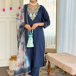 KALINI Ethnic Motifs Yoke Design V-Neck Straight Kurta With Trousers & Dupatta-picture-2