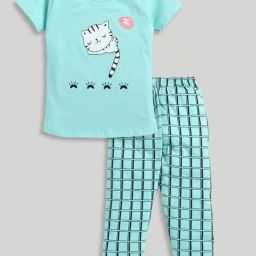 Todd N Teen Kids Turquoise Printed T-Shirt with Pyjamas-image-36