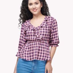 VASTRADO Navy & Red Cotton Chequered Top-picture-32