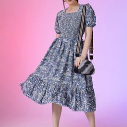 Femvy Women Print Puff Sleeve Applique Fit & Flare Dress-picture-11