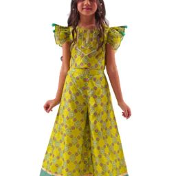 Lil Drama Kids Lime Green Floral Print Crop Top With Plazzos-image-37