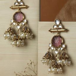 Priyaasi Floral Kundan Pearl Golden Dangler Earrings-image-87